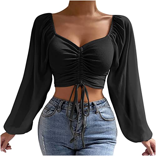 Womens Tops Fashion Puff Long Sleeve Shirts Trendy V Neck Solid